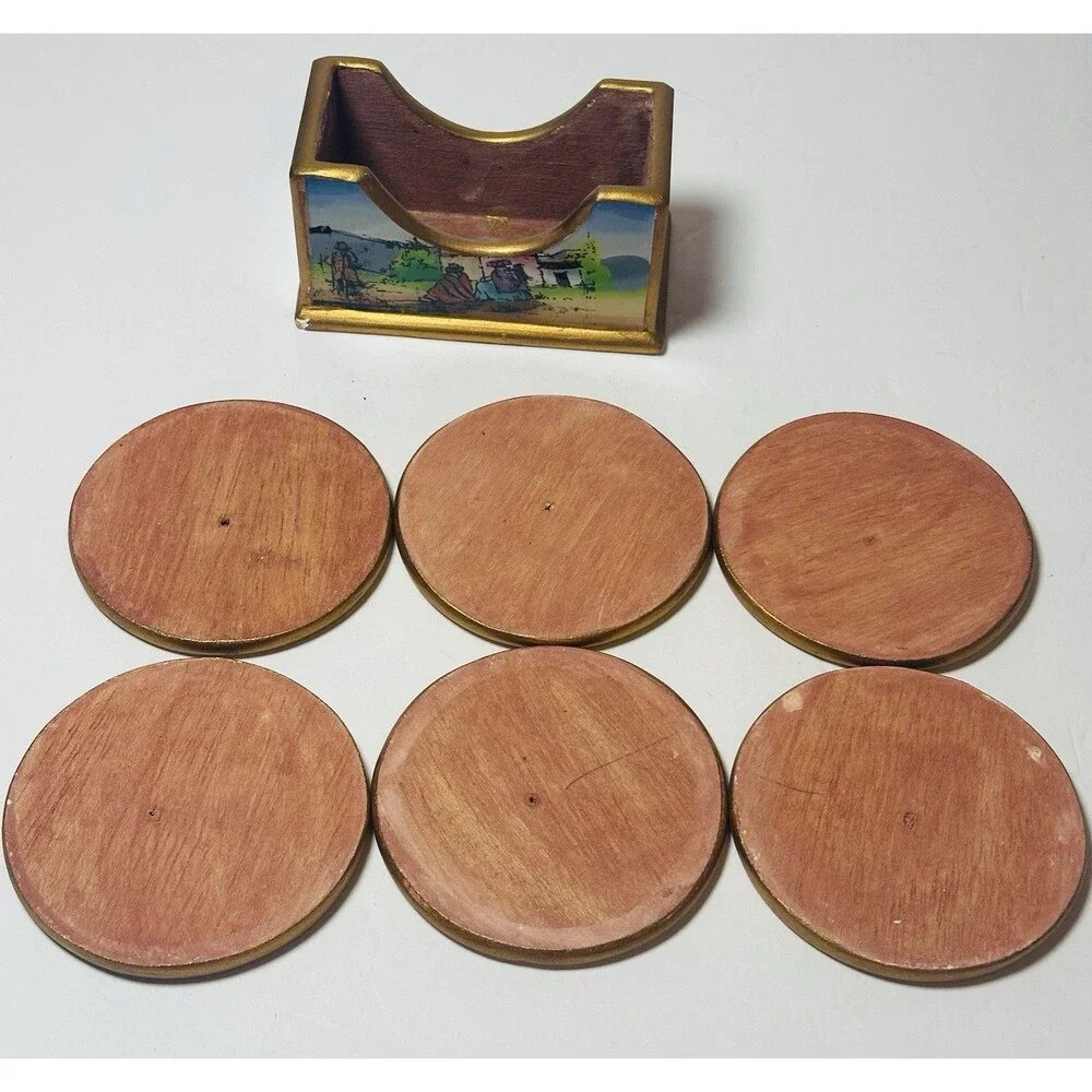 Peru Reverse Painted Glass & Wood Coasters Village Folk Art  Set of 6 w/ Holder